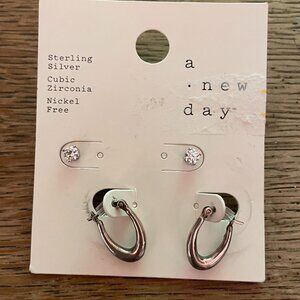 2 Pair  Earrings Silver Hoop & Cubic Zirconia A New Day Target